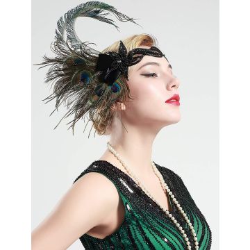1920s Gatsby headpiece showing iridescent peacock eye feathers and Art Deco appliqués