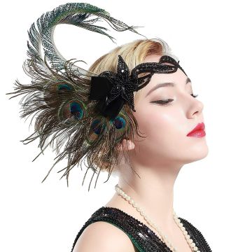 Womens 1920s Flapper Headband - Black Sequin Peacock Feather Gatsby Headpiece