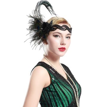 Black sequined 1920s flapper headband with peacock feather plume and Art Deco ornament