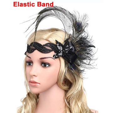 Womens 1920s Flapper Headband with Black Sequins and Peacock Feathers