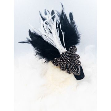 Adult 1920s Flapper Headband with Black Feathers and Beaded Art Deco Detail