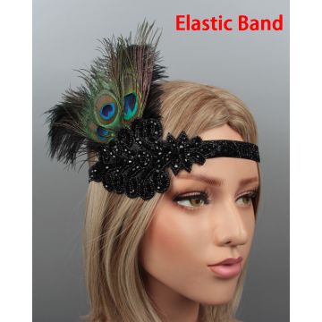 Black 1920s flapper headband with peacock eye feathers and Art Deco beaded appliqué
