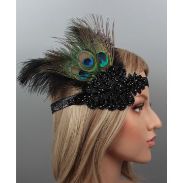 Adult 1920s Flapper Headband with Peacock Feathers - Black Art Deco Gatsby Headpiece