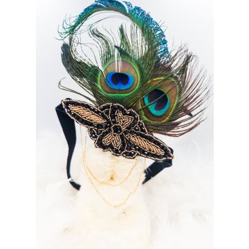 Adult 1920s Peacock Feather Headband - Gatsby Flapper Accessory with Gold Chain