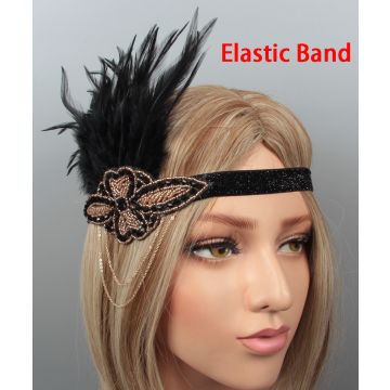 Adult 1920s Flapper Headband with Feather and Gold Chain - Black Art Deco Beaded Gatsby Accessory