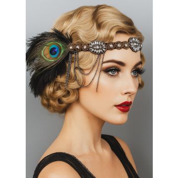Adult 1920s Flapper Headband Gold Beaded Feather Great Gatsby Costume Accessory