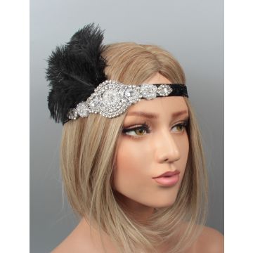 Adult Black Flapper Headband with Feather and Rhinestone 1920s Gatsby Headpiece