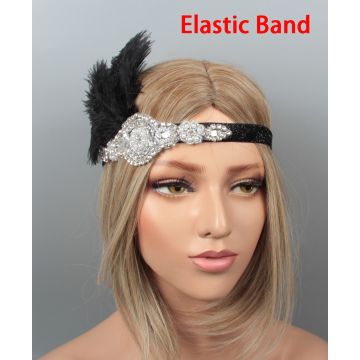 Black flapper headband with silver rhinestone appliqué and ostrich feather plume for 1920s Gatsby parties