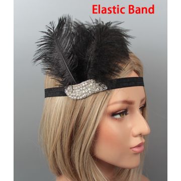 Black 1920s flapper headband with ostrich feather plume and rhinestone Art Deco panel