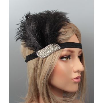 Adult 1920s Black Feather Headband with Rhinestone Art Deco Panel
