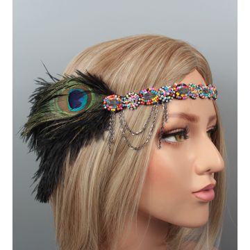 Adult 1920s Flapper Headband with Peacock Feather - Beaded Art Deco Headpiece