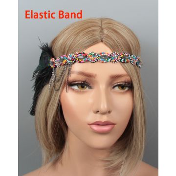Adult 1920s flapper headband with rainbow seed beads, gray cabochons, and peacock feather accent