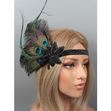 Adult 1920s Flapper Headband - Black Peacock Feather Fascinator with Beaded Appliqué