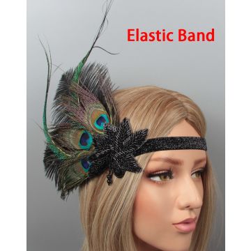 Adult 1920s Flapper Headband - Black Peacock Feather Fascinator with Beaded Appliqué