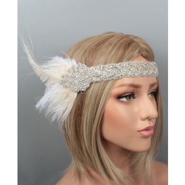 Adult white feather flapper headband with rhinestone Art Deco band and organza ribbon ties