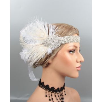 Adult 1920s Flapper Headband - White Feather Gatsby Headpiece with Rhinestones