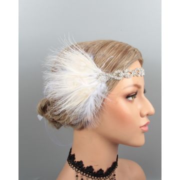 Great Gatsby headband close-up showing rhinestone appliqué and feather detail