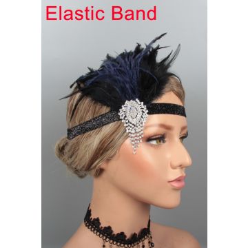 Black glitter elastic headband with Art Deco rhinestone centerpiece and cascading crystal fringe