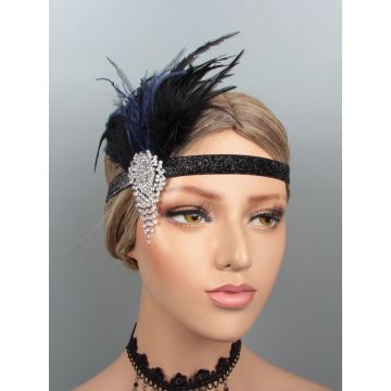 Adult 1920s Flapper Headband - Black & Navy Feather with Rhinestone Brooch