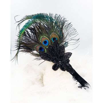 Adult 1920s Peacock Feather Headband - Black Beaded Gatsby Flapper Accessory