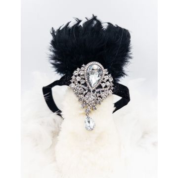 Adult 1920s Flapper Headband with Black Feather Plume and Crystal Teardrop