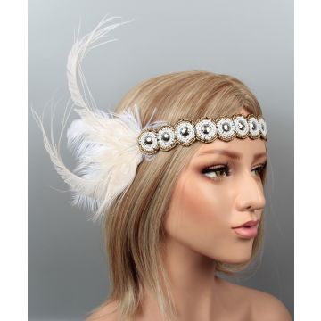 Gold beaded 1920s flapper headband with white ostrich and peacock feather plume