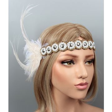 Womens 1920s Gold Beaded Flapper Headband with White Feather Plume