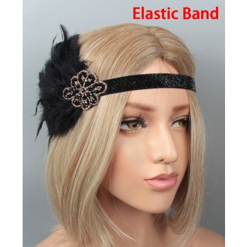 Adult 1920s Flapper Headband - Black Feather Rose Gold Gatsby Costume Accessory