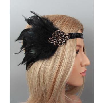 Rose gold beaded flapper headpiece with dramatic black hackle feathers