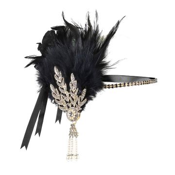 Black feather flapper headband with rhinestone Art Deco brooch and pearl tassel