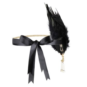 Adult 1920s Flapper Headband - Black Feather Gatsby Headpiece with Pearls