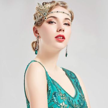 Adult 1920s Flapper Headband - Gold Art Deco Headpiece with Green Rhinestones