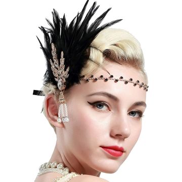 Women's 1920s flapper headpiece with black feather plume and rose gold Art Deco rhinestone brooch worn with jeweled chain headband