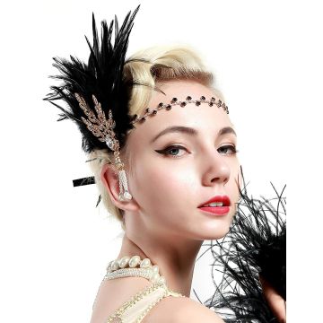 Women's 1920s Flapper Headpiece - Black Feather & Rose Gold Gatsby Headband