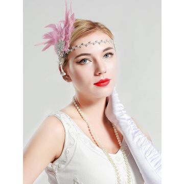 Adult 1920s Flapper Headband - Pink Feather Gatsby Headpiece with Rhinestone Pearl Tassel