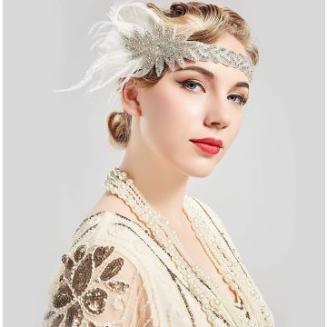 Adult 1920s Flapper Headband - Art Deco Feather Headpiece with Crystals