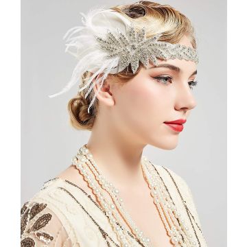 Adult 1920s Flapper Headband - Art Deco Feather Headpiece with Crystals