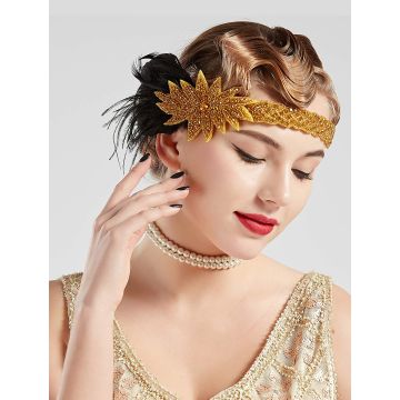 Adult Gold Flapper Headband with Black Feather - 1920s Gatsby Headpiece