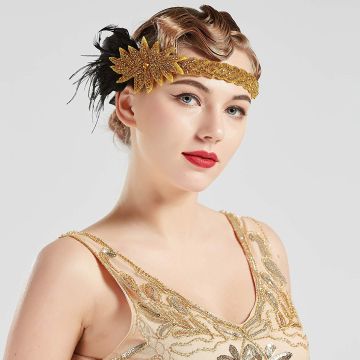 Adult Gold Flapper Headband with Black Feather - 1920s Gatsby Headpiece
