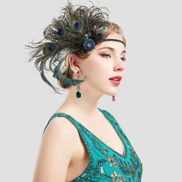 Adult Flapper Headband with Peacock Feathers - 1920s Teal Green Beaded Headpiece