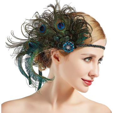 Adult Flapper Headband with Peacock Feathers - 1920s Teal Green Beaded Headpiece