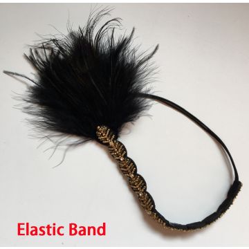 Adult 1920s Flapper Headband with Black Feather and Gold Beading