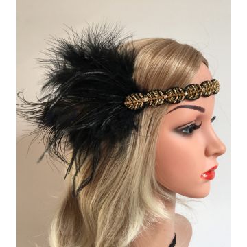 Adult 1920s Flapper Headband with Black Feather and Gold Beading