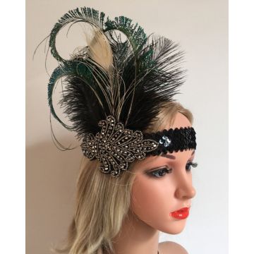 1920s flapper headband with black peacock feathers and rhinestone centerpiece