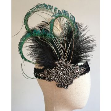 Adult 1920s Flapper Headband - Black Peacock Feather Gatsby Headpiece