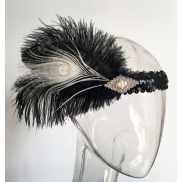 Adult 1920s Flapper Headband - Black & White Feather Gatsby Headpiece