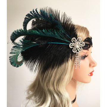 Adult 1920s Flapper Headband with Black Feathers and Crystal Brooch