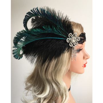 Adult 1920s Flapper Headband with Black Feathers and Crystal Brooch