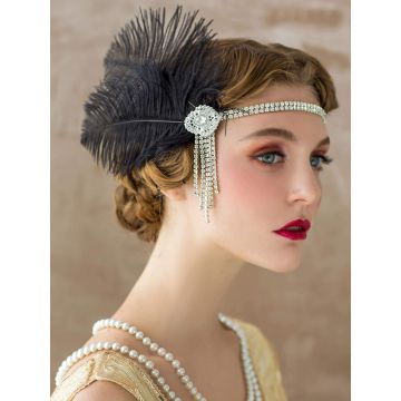 Adult wearing black ostrich feather headband with rhinestone tassel at temple, 1920s flapper style