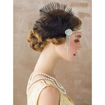 Adult 1920s Feather Headband - Black Ostrich Plume Flapper Headpiece with Rhinestone Tassel